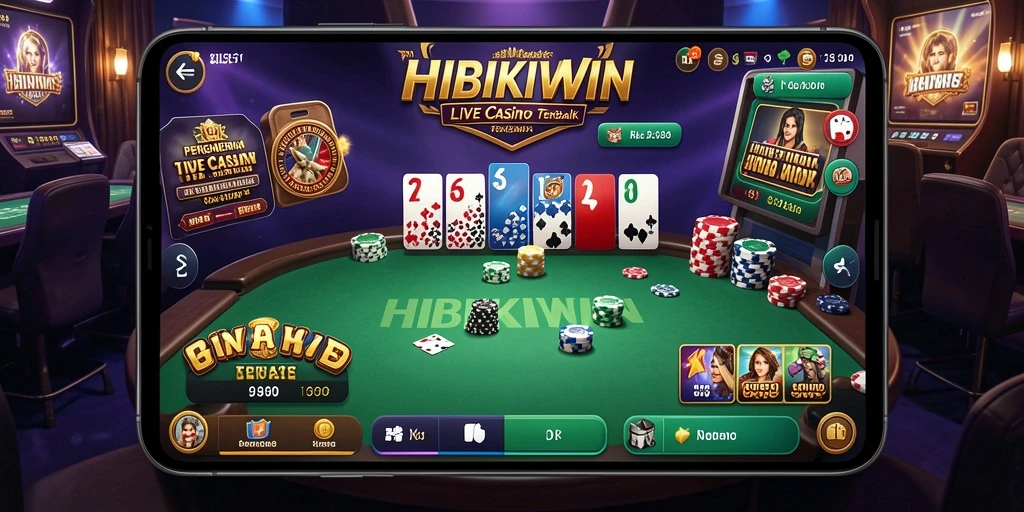 Tampilan gameplay HIBIKIWIN dengan dealer langsung dan suasana kasino.