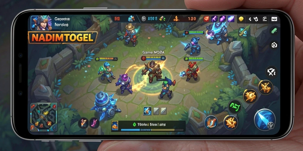 Screenshot gameplay NADIMTOGEL menampilkan pertarungan seru di arena MOBA.