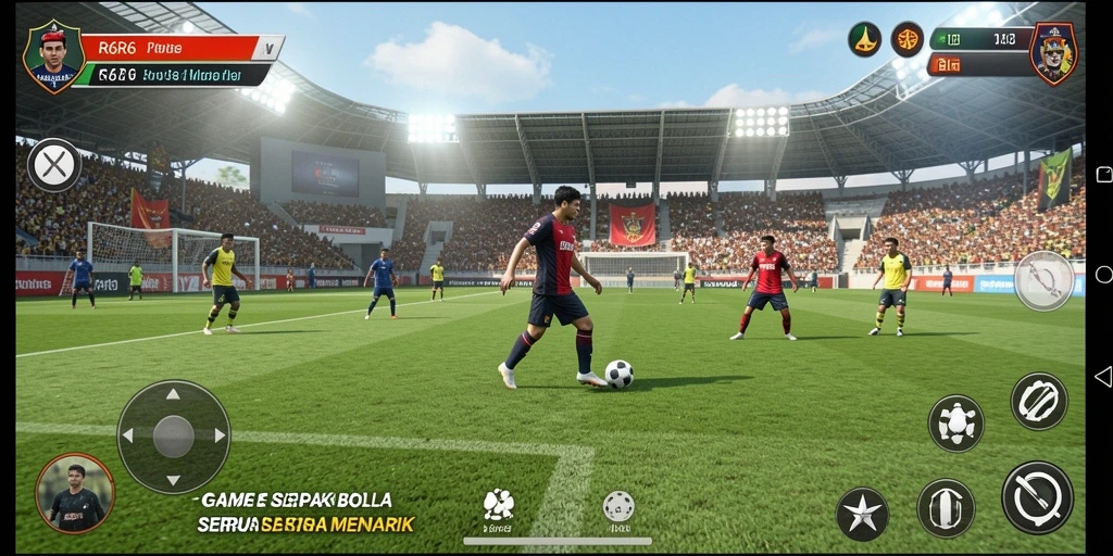 Screenshot gameplay R6R6 menampilkan aksi sepak bola yang seru.